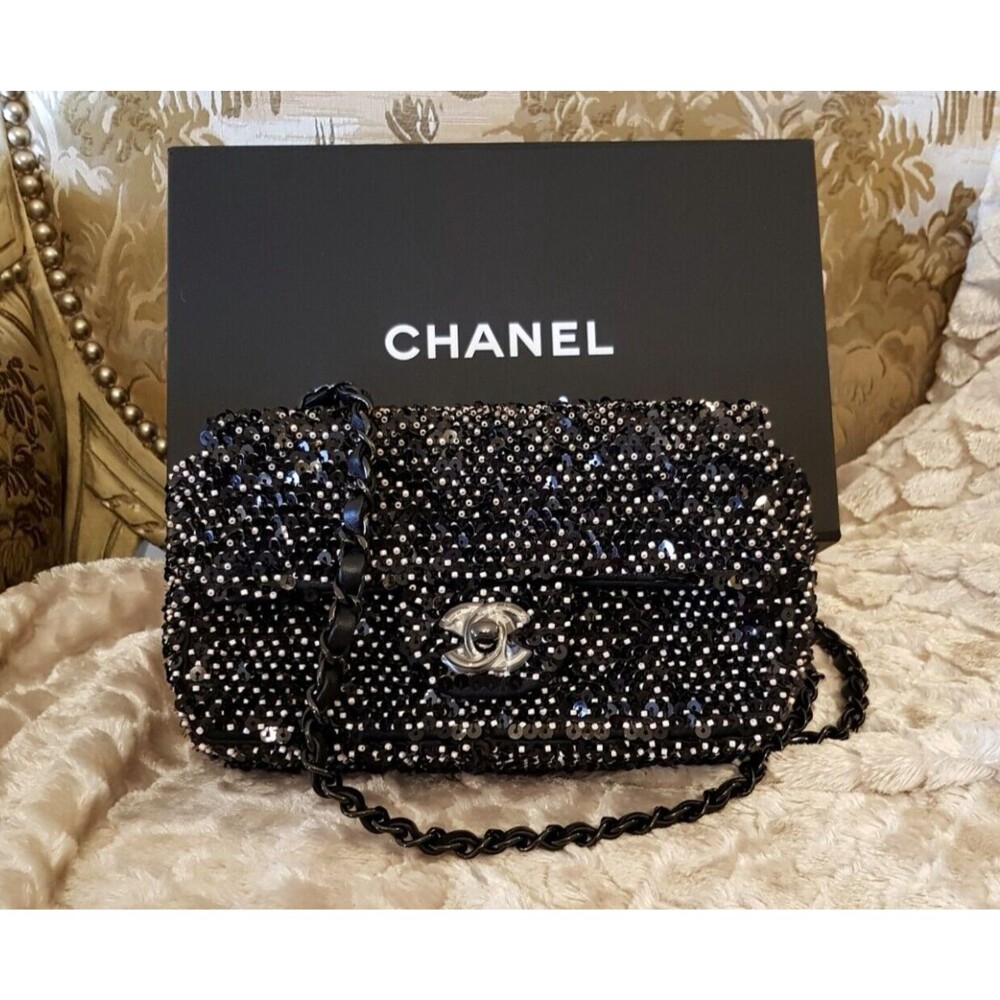 CHANEL 2022 22B Sequin with Light Pink Beads, Black Hardware Evening Bag, NIB